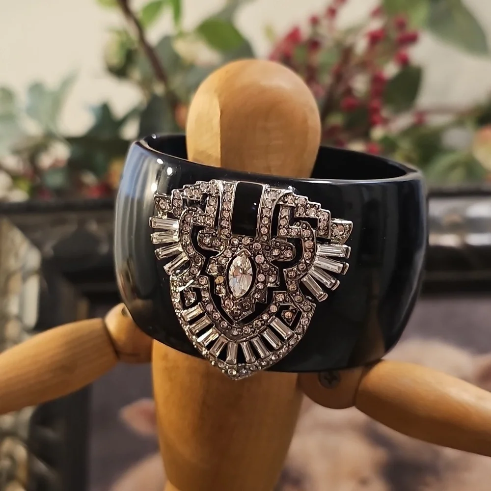 Kenneth Jay Lane Art Deco-Style Wide Cuff Braclet, Enamel & Rhinestone Medallion - Picture 3 of 15
